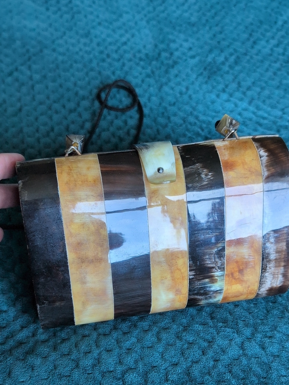 Vintage Natural Ox Horn Box Clutch Purse Minaudiere Mid Century Boho Silk Lined